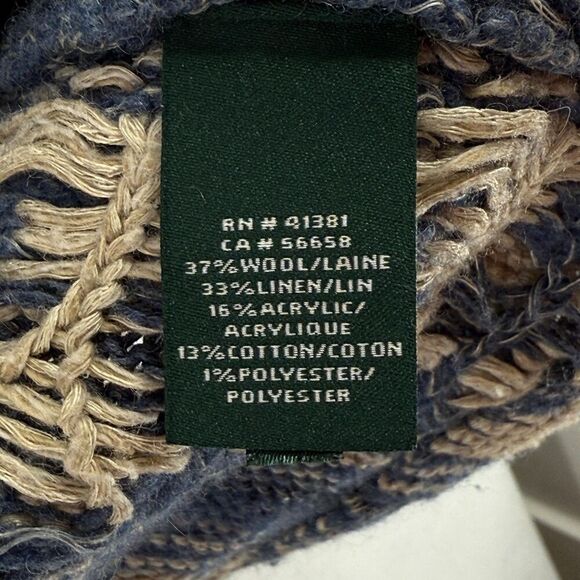 Lauren Ralph Lauren Poncho Cardigan Women L Blue Beige Wool Linen Southwestern - Picture 8 of 15